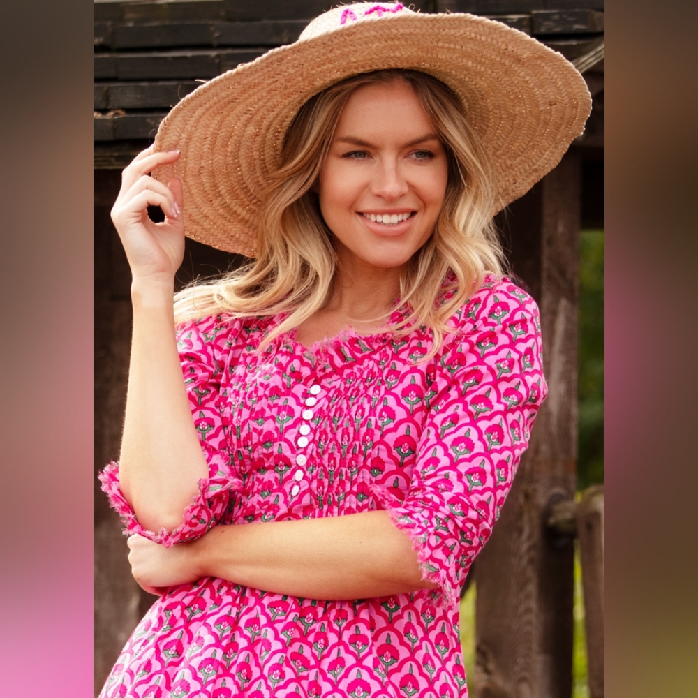 AT LAST - Annabel Cotton Tunic in Pink & Green Moroccan